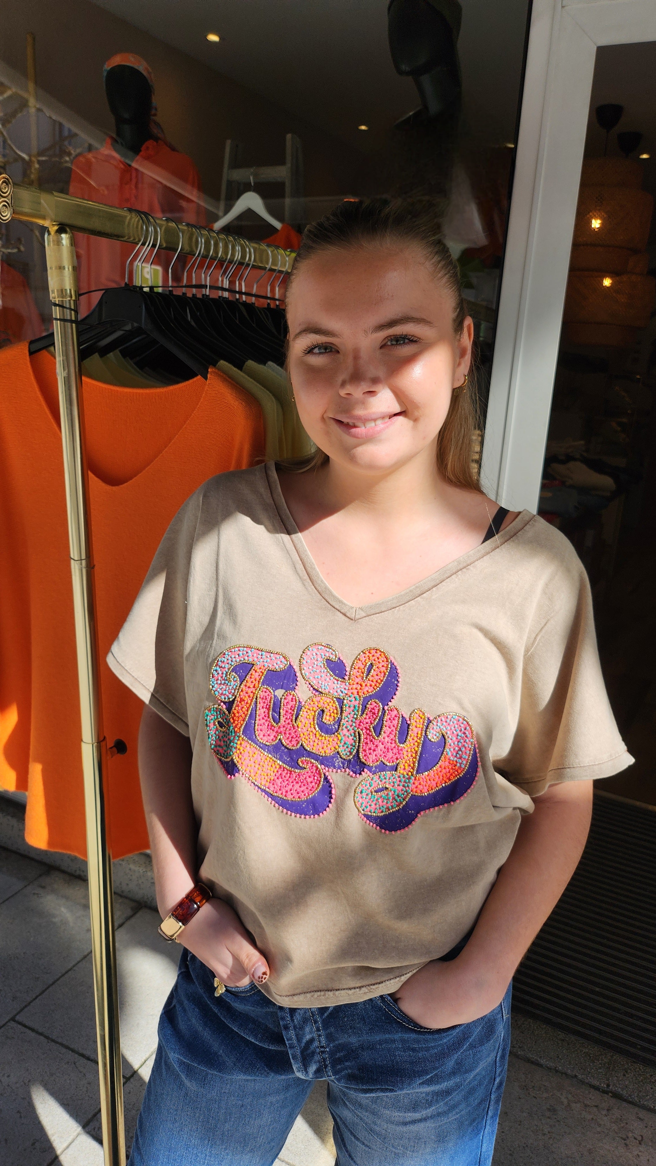 T-shirt perlé Lucky beige