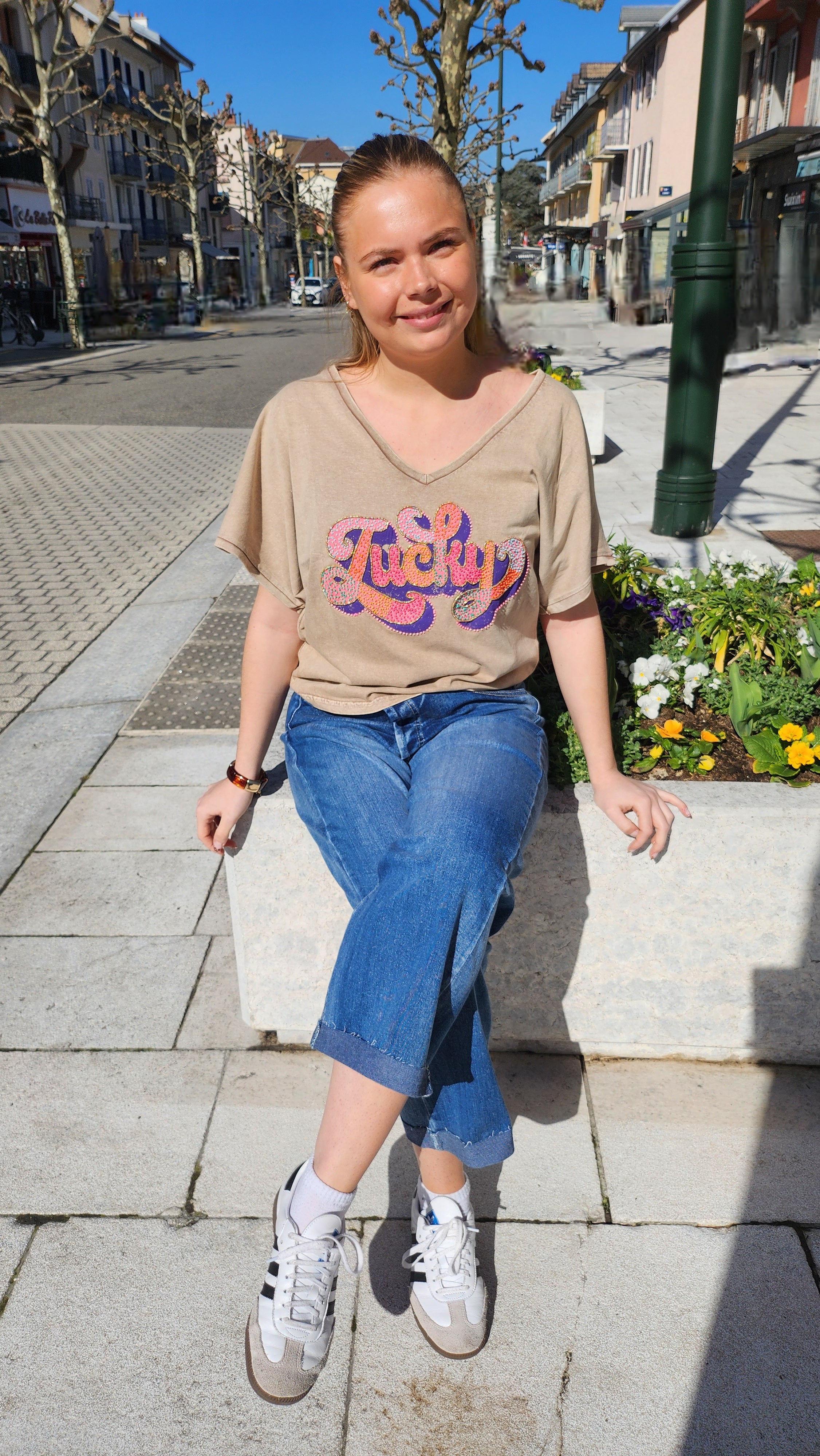 T-shirt perlé Lucky beige