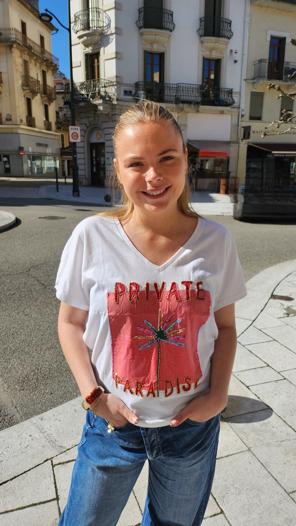 T-shirt Fluide Col V Paradise Blanc